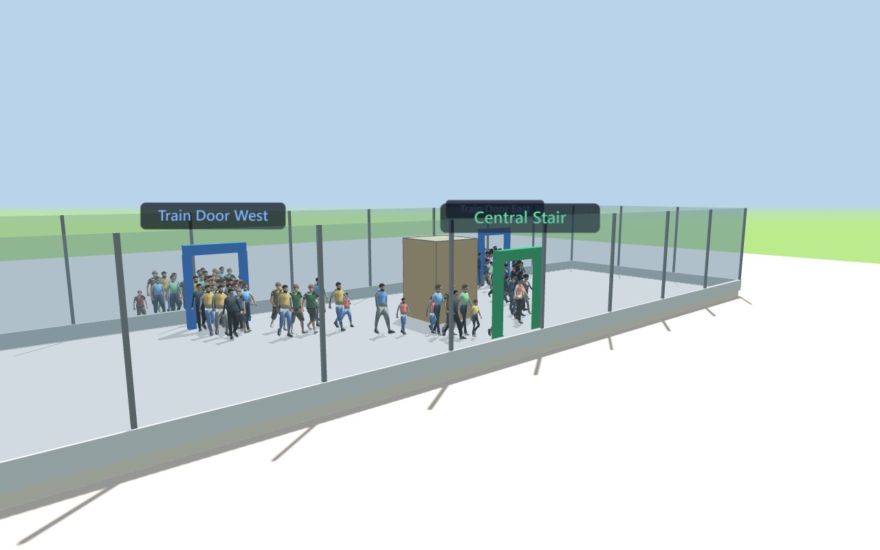 Human models in the platform playback, viewed at ground level.